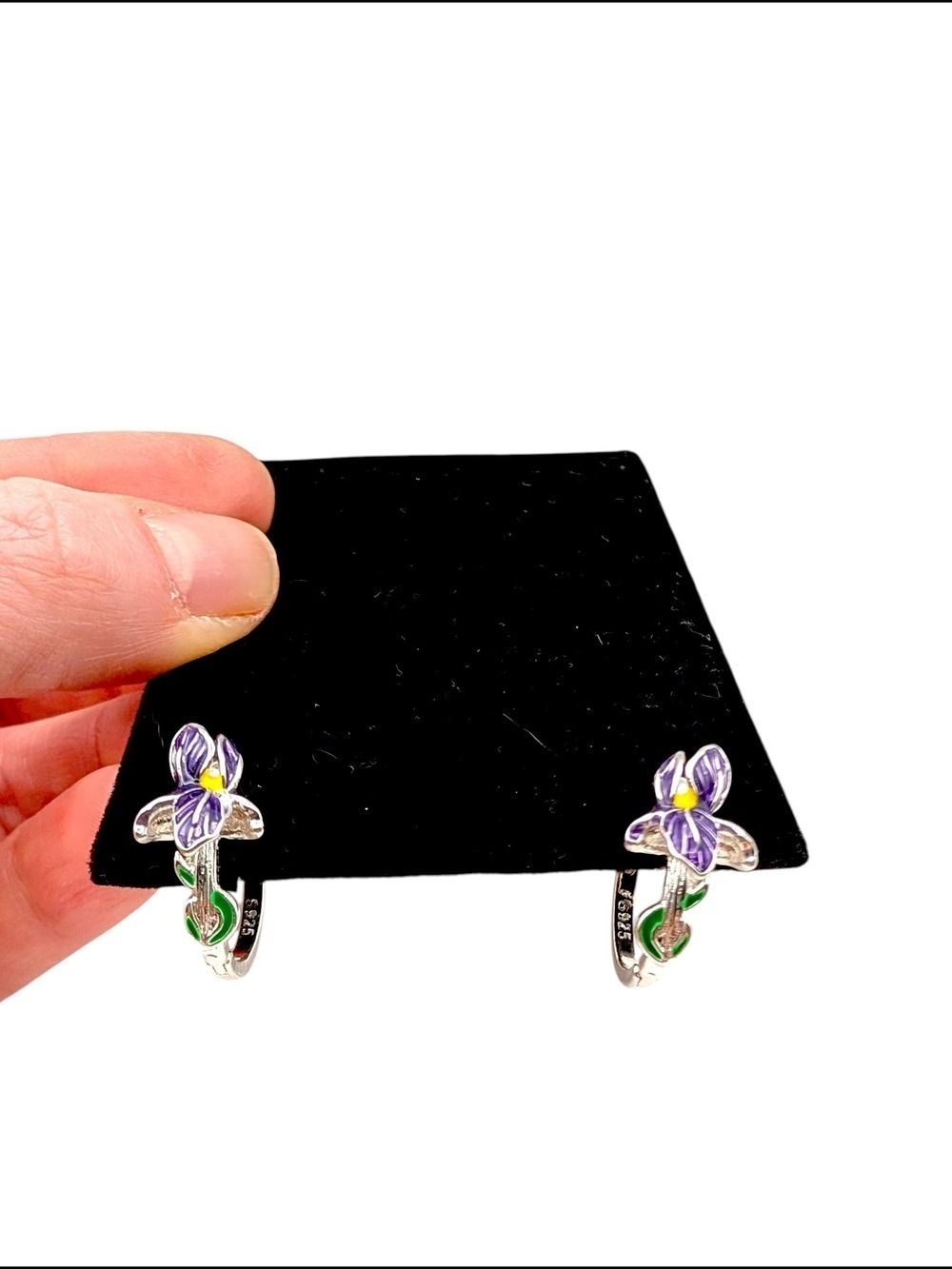 Sterling Silver Floral Iris Enamel Purple Flower Earrings - Women Jewelry